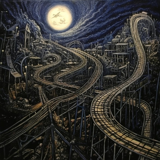 painting of a roller coaster ride going through a city at night generative ai