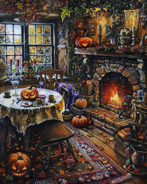 a painting of a room with a fireplace and pumpkins on it