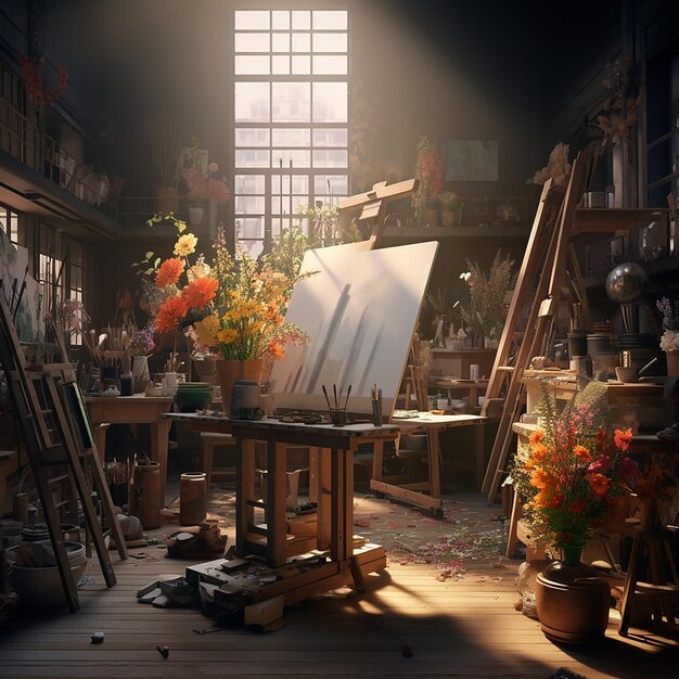 a painting of a room with a lot of art on it