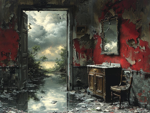 a painting of a room with a red wall and a picture of a room with a door that says  13