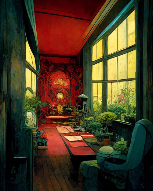 A painting of a room with a red wall and a window with a picture of a buddha on it.