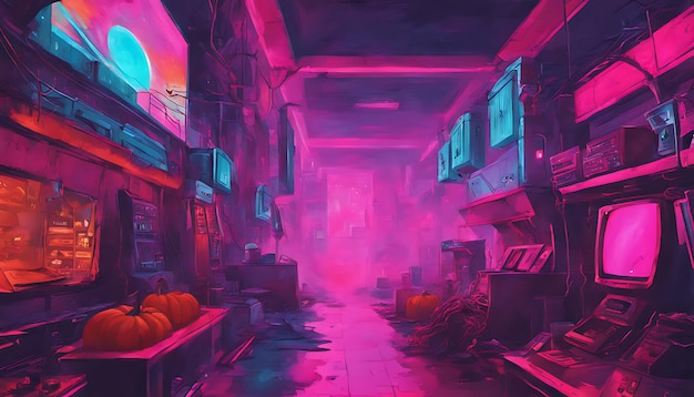 a painting of a room with a sign that says  ok