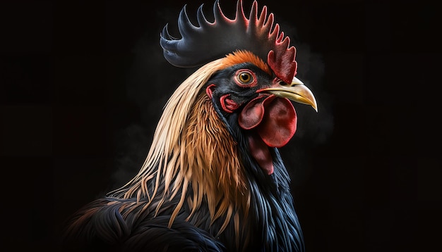 A painting of a rooster on black background