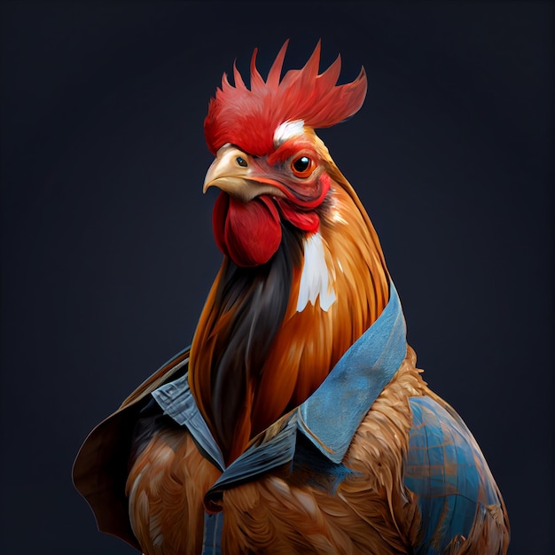 A painting of a rooster wearing a jacket with a blue collar.