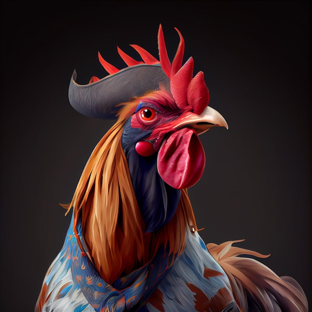 A painting of a rooster with a blue and red head.