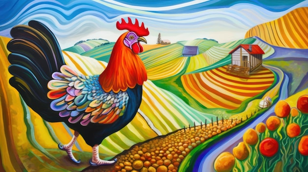 A painting of a rooster with a farm in the background.