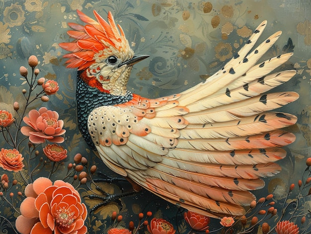 a painting of a rooster with orange feathers and a black and white body