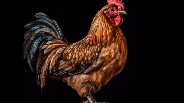 A painting of a rooster with a red crest on its head