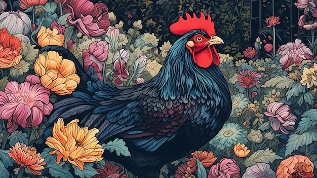 A painting of a rooster with a red head and a blue head with a red crest.