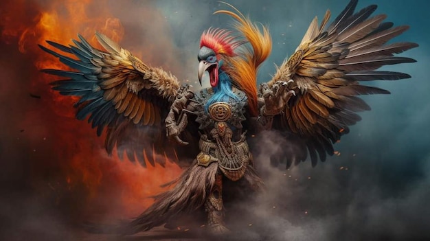 A painting of a rooster with wings that say'fire '