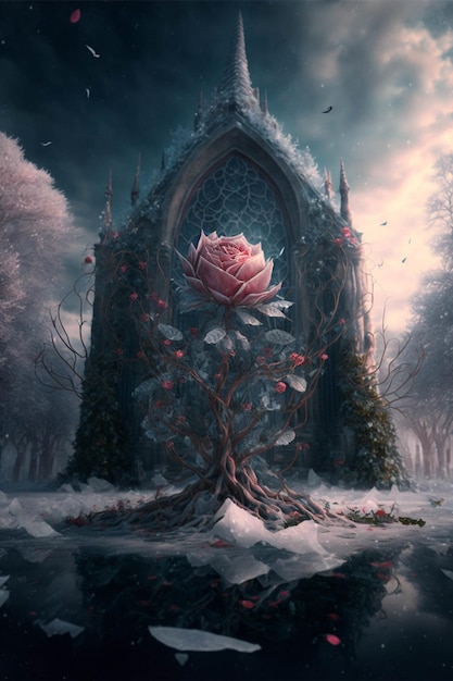 Painting of a rose in front of a church generative ai