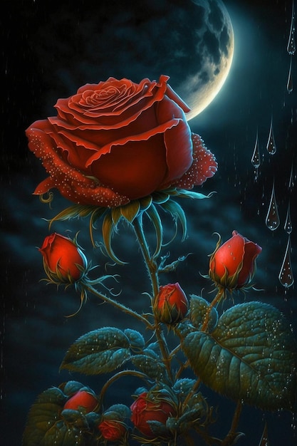 Painting of a rose with a full moon in the background generative ai