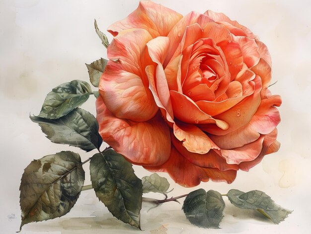 a painting of a rose with leaves and leaves