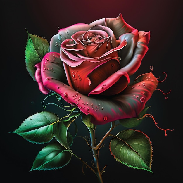 A painting of a rose with water droplets on it