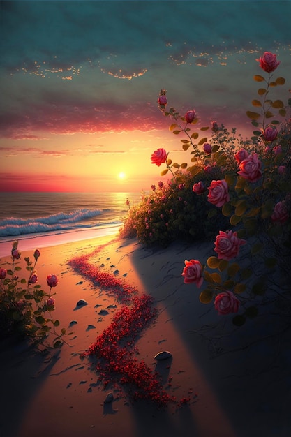 Painting of roses on a beach at sunset generative ai