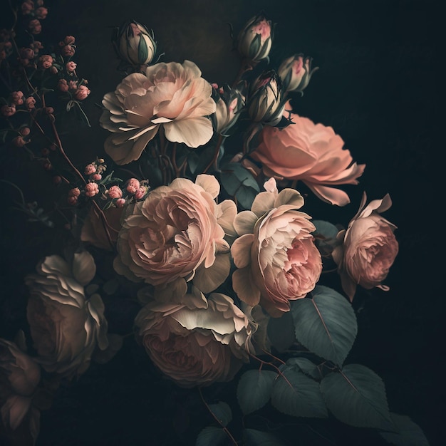 A painting of roses and berries with a dark background.