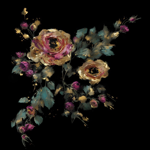 A painting of roses on a black background.