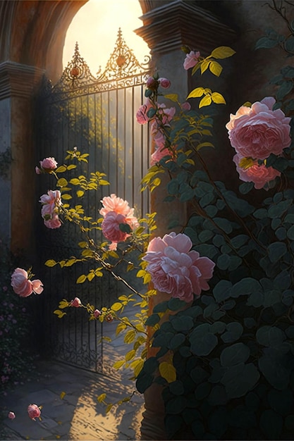 Painting of roses in front of a gate generative ai