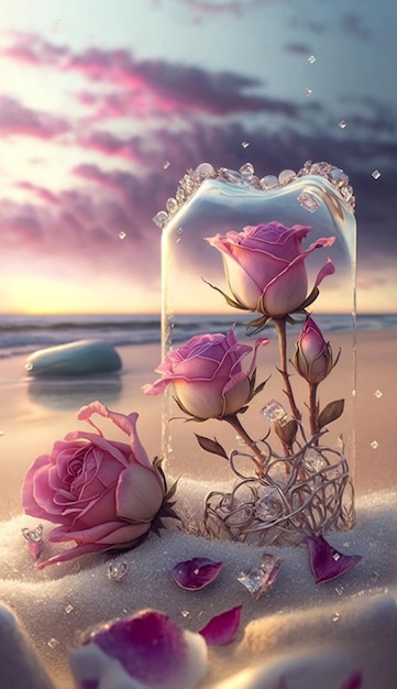 A painting of roses in a jar with a heart on the bottom.