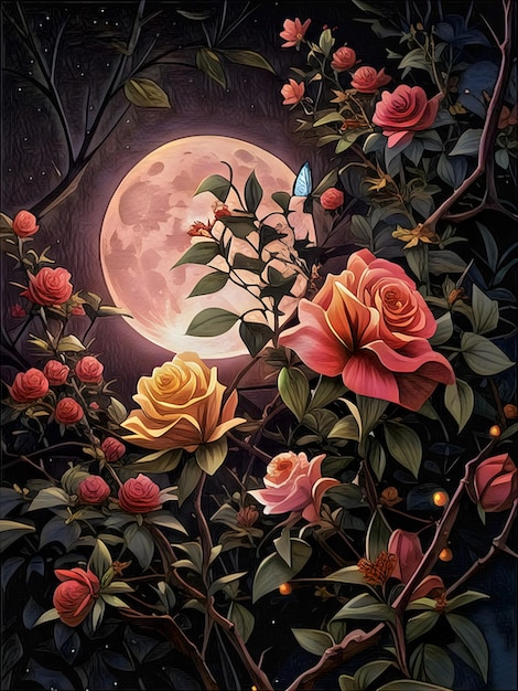 A painting of roses and a moon with the moon in the background