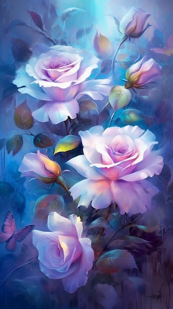 A painting of roses with butterflies