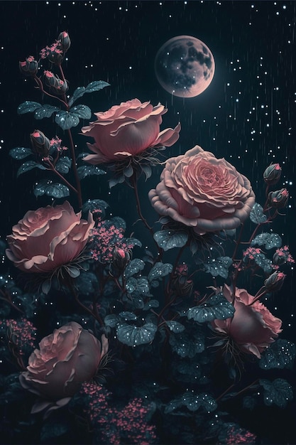 Painting of roses with a full moon in the background generative ai