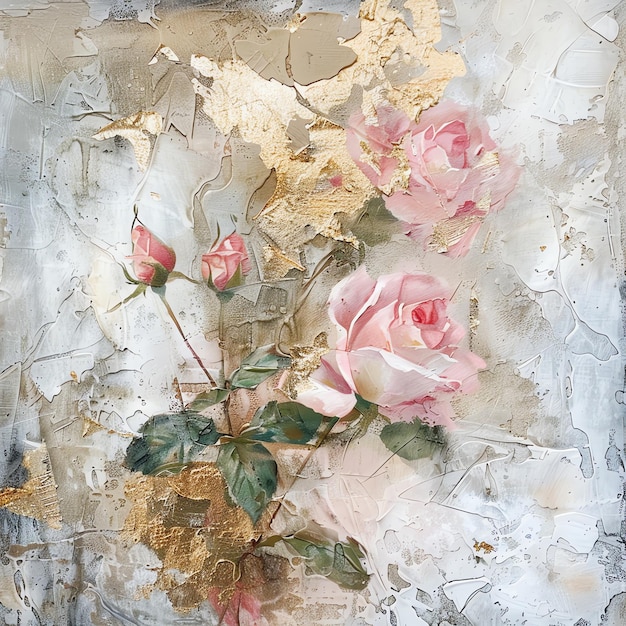 a painting of roses with a gold foil background