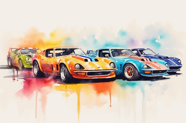 painting of a row of colorful cars with a white background generative ai