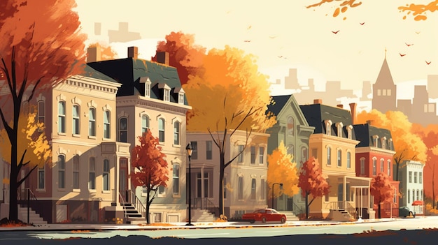 A painting of a row of houses with autumn leaves on the ground.