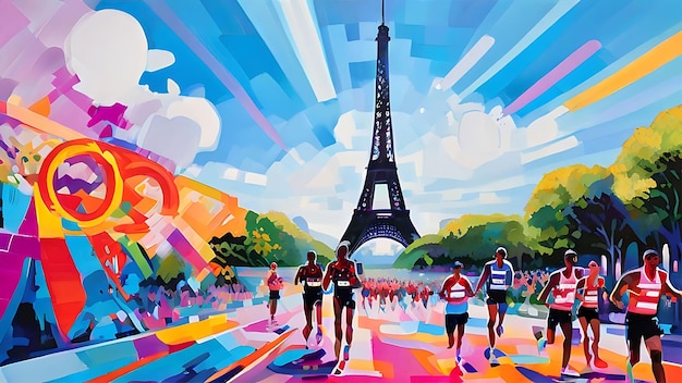 a painting of runners in front of a tower with the eiffel tower in the background