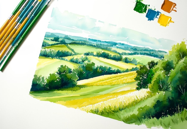 Photo painting of a rural landscape with artist brushes