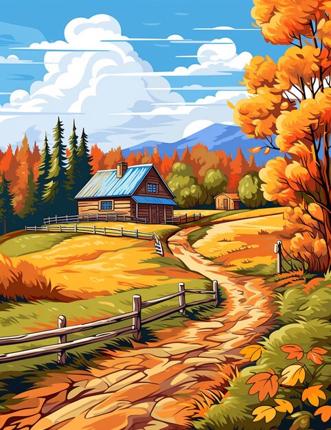 painting of a rural scene with a cabin and a dirt road generative ai