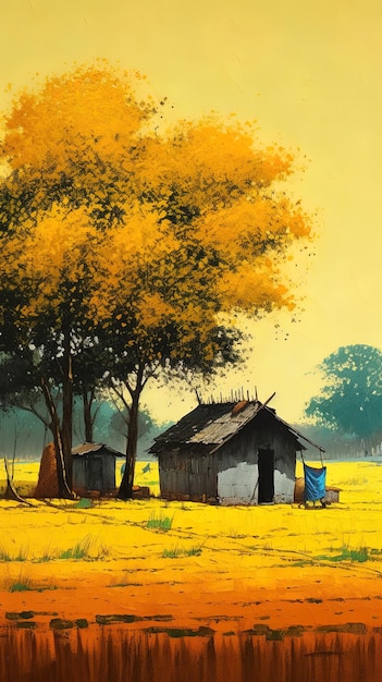 A painting of a rural scene with a hut and trees.