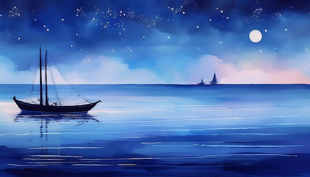 a painting of a sailboat in the ocean with a night sky and a sailboat in the background