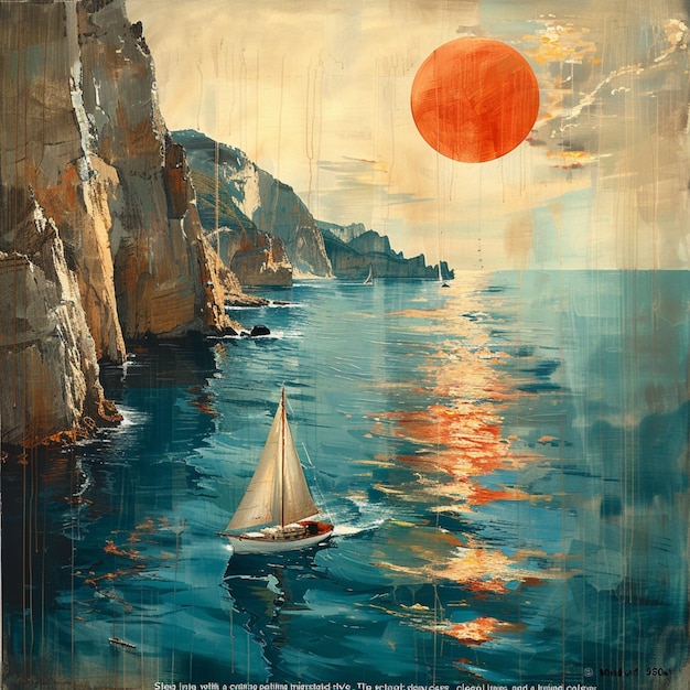 a painting of a sailboat and the ocean with a red moon in the background