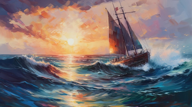 A painting of a sailboat in the ocean with the sun setting behind it.