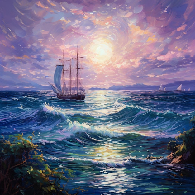 painting of a sailboat in the ocean with a sunset in the background generative ai