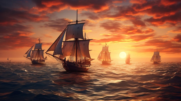 a painting of a sailboat in the ocean with a sunset in the background