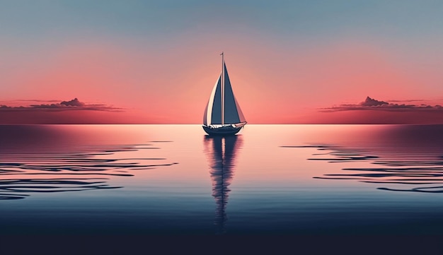 A painting of a sailboat in the ocean with a sunset in the background.