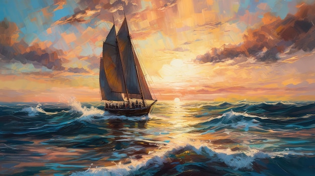 A painting of a sailboat in the ocean with a sunset in the background.