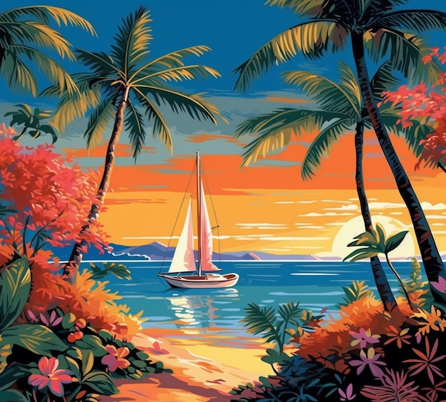 A painting of a sailboat sailing on a tropical beach generative ai