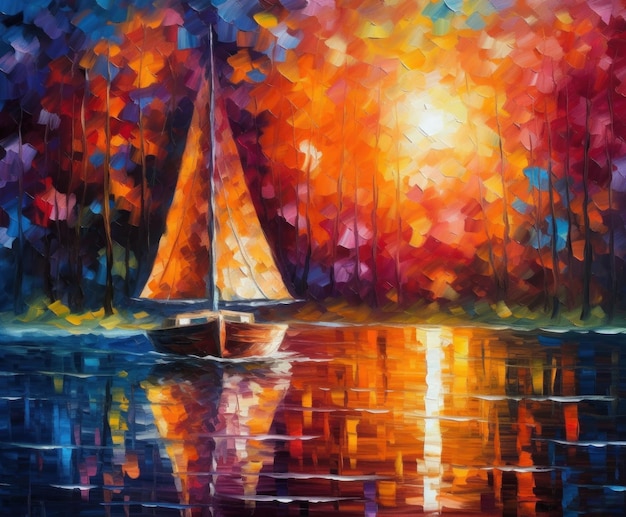 A painting of a sailboat on the water with the sun shining through the trees.