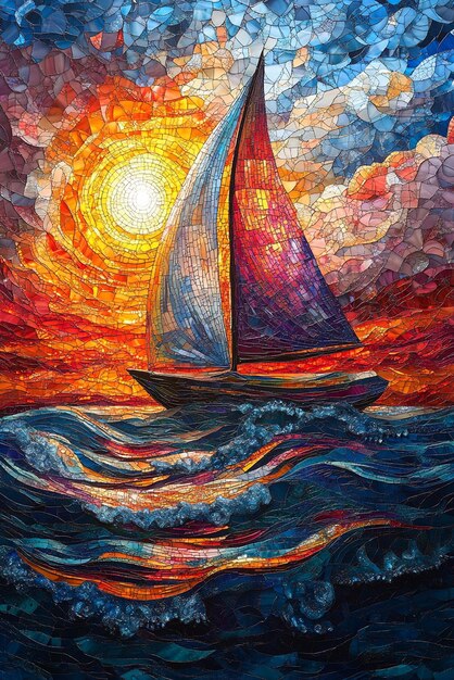 Photo a painting of a sailboat with the sun behind it