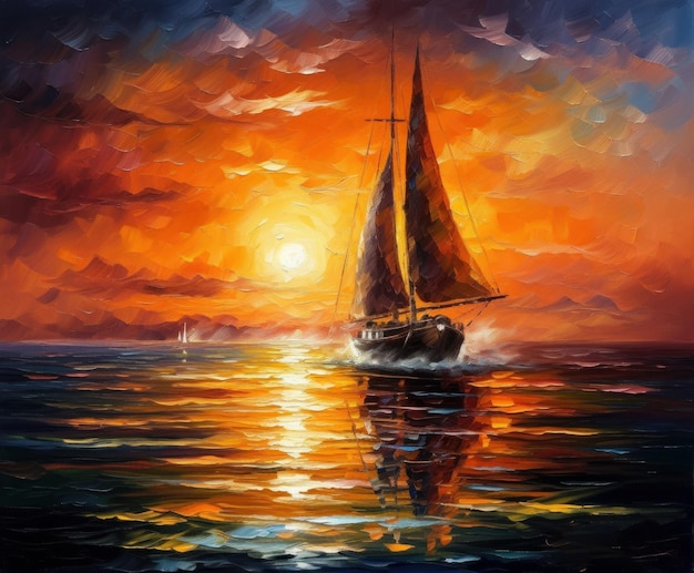 A painting of a sailboat with the sun setting behind it