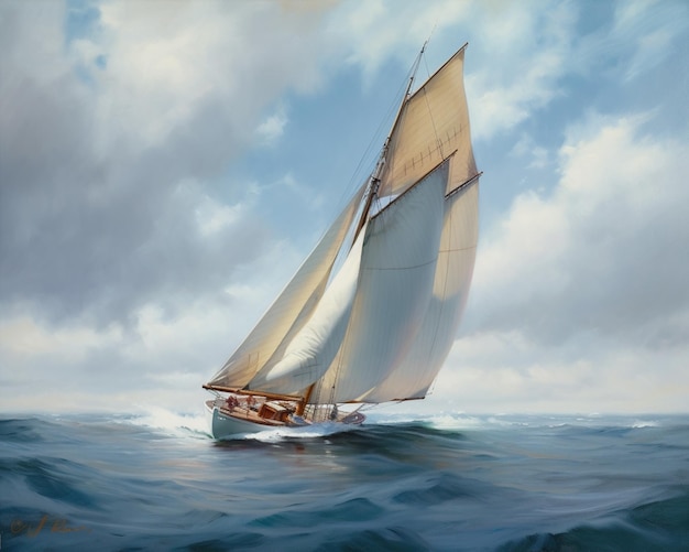 A painting of a sailboat with the word " the word " on the side.