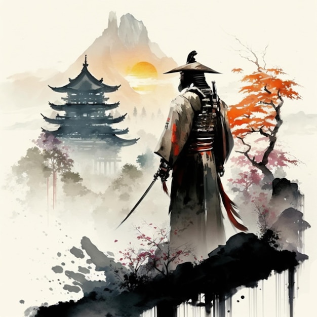 A painting of a samurai standing in front of a mountain.