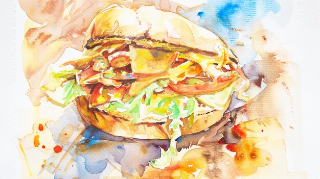 a painting of a sandwich with a picture of a salad