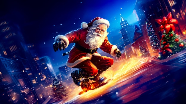 Painting of santa claus riding skateboard on city street at night Generative AI