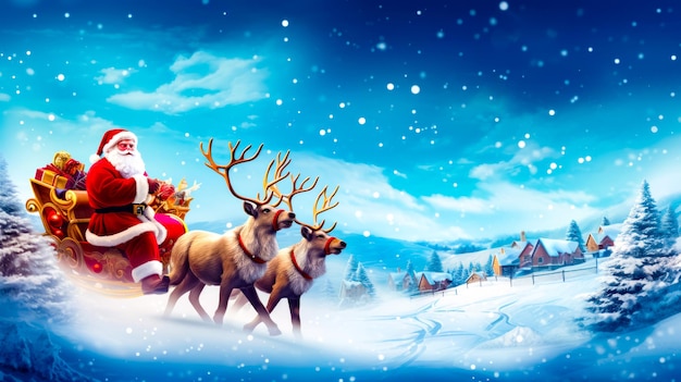 Painting of santa claus riding in sleigh with reindeers Generative AI