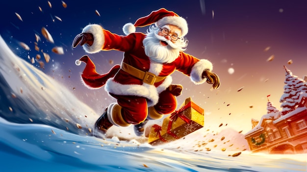 Painting of santa claus running through the snow with gift box Generative AI